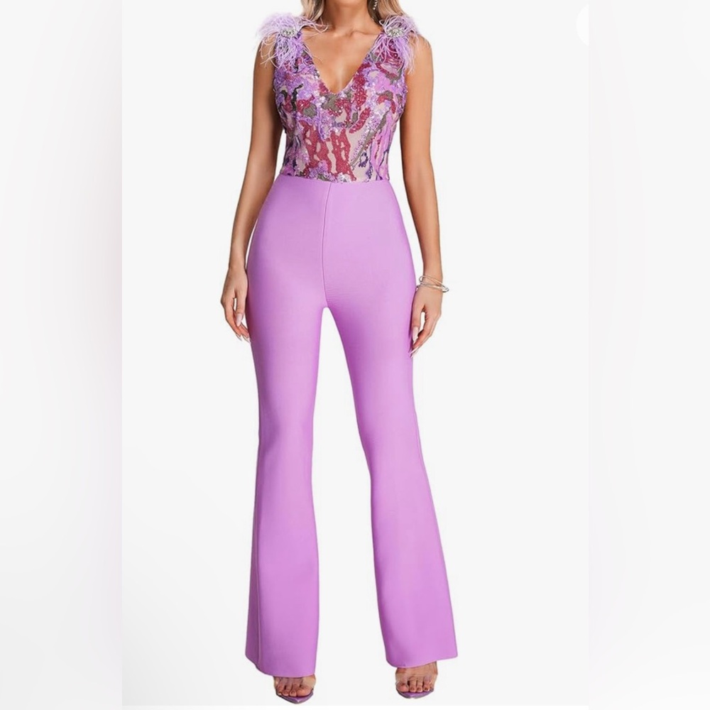 2024 New Arrival Women Sleeveless Sequins Feathers Bodycon Bandage Jumpsuit